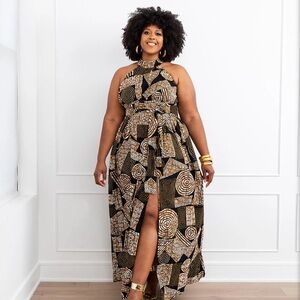Ronke African Print Halter Maxi Dress (Black Brown Geometric)